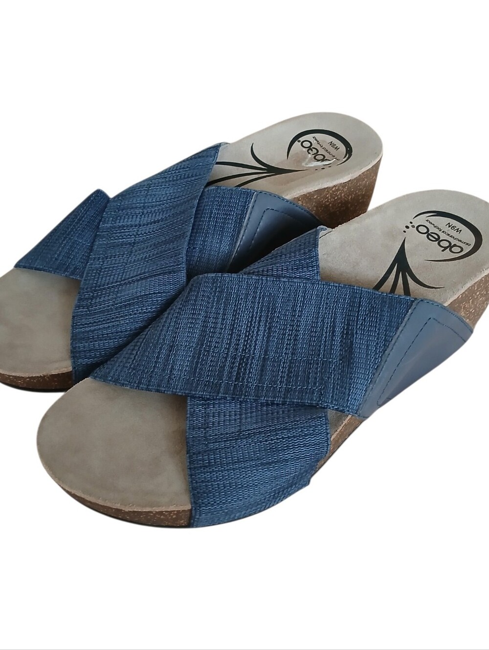 NWOB Abeo Biomechanical Unity Elastic Crossover Wedge Sandals 9 Denim Blue Comfy